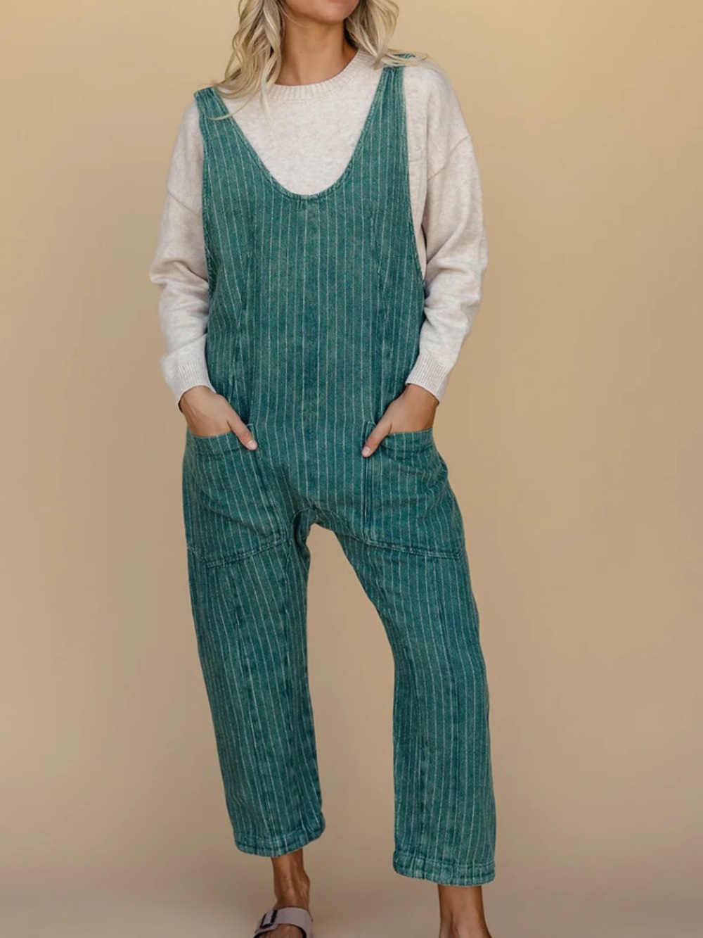 We the Free High Roller Mineral Wash Green Pinstripe Overall Jumpsuit M - Picture 16 of 16